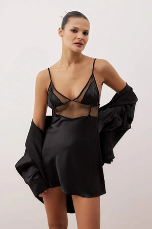 Black Satin Mesh Plain Uncovered Babydoll