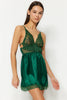 Green Satin Lace Rope Strap Knitted Babydoll