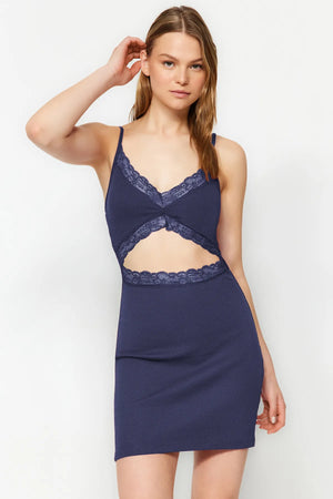 Navy Blue Cotton Lace Rope Strap Ribbed Knit Nightgown