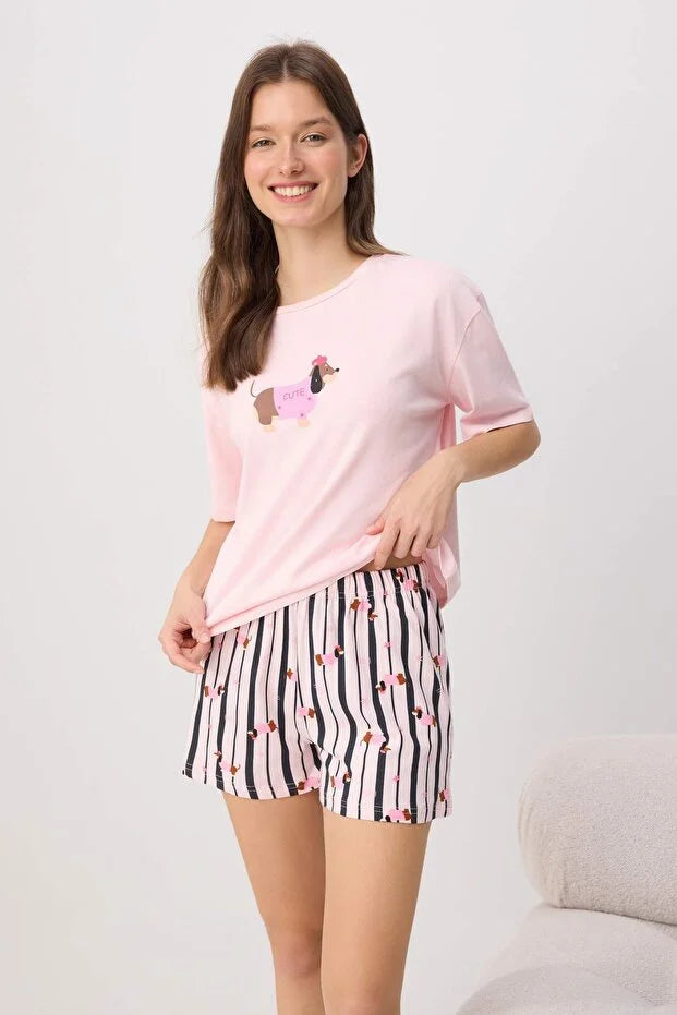 Teen Pink & Multicolor Cotton Dog Print Stretch Soft-Touch Knit Pajama Set