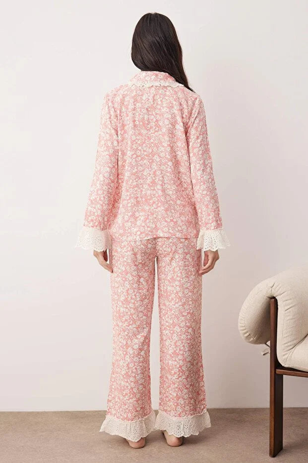 Pink Floral Viscose Woven Pajama Set