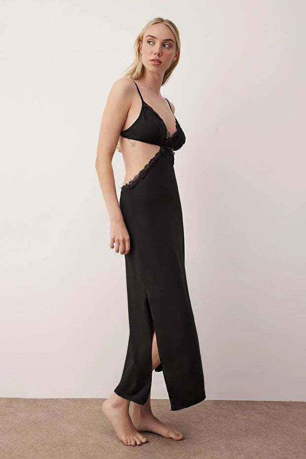 Black Window/Cut Out and Lace Detailed Uncovered Babydoll/Fantasy Nightgown