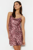Pink Leopard Patterned Rope Strap Cowl Neck Satin Woven Nightgown