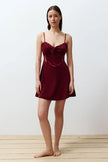 Burgundy Soft-Feel Laced Velvet Knit Nightgown with Rope Straps