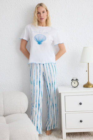 White-Blue 100% Cotton Striped Printed Baby Overlock Detailed Knitted Pajama Set