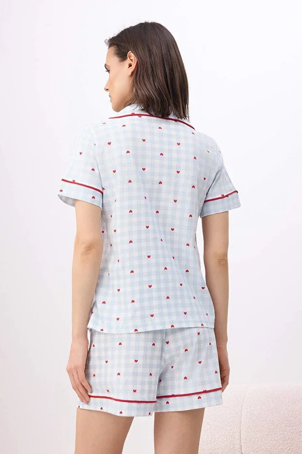 Blue 100% Cotton Heart & Plaid Printed Piping Detail Knit Pajama Set