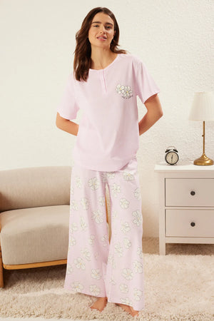 Floral Buttoned Knitted Pajama Set