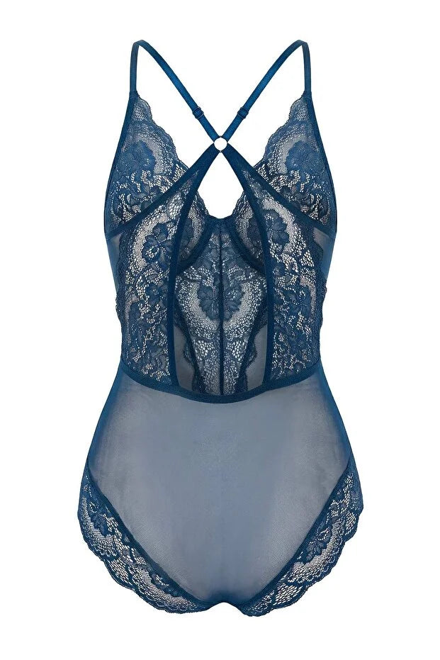 Petrol Tulle Lace Detail Non-Padded Knitted Bodysuit