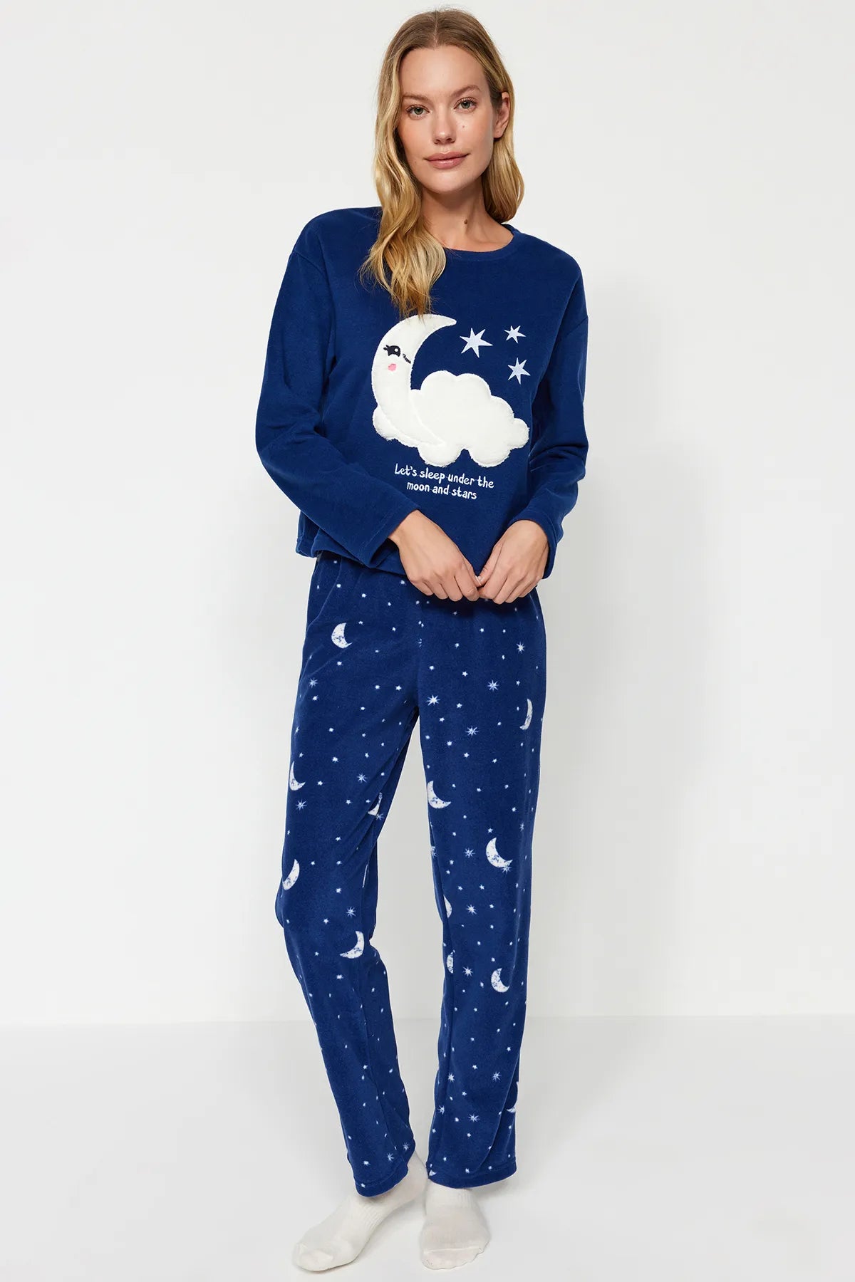 Navy Blue Galaxy Patterned Polar Fleece Winter Knitted Pajama Set