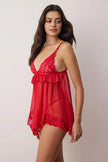 Red Tulle Lace Detail Plain Uncapped Babydoll