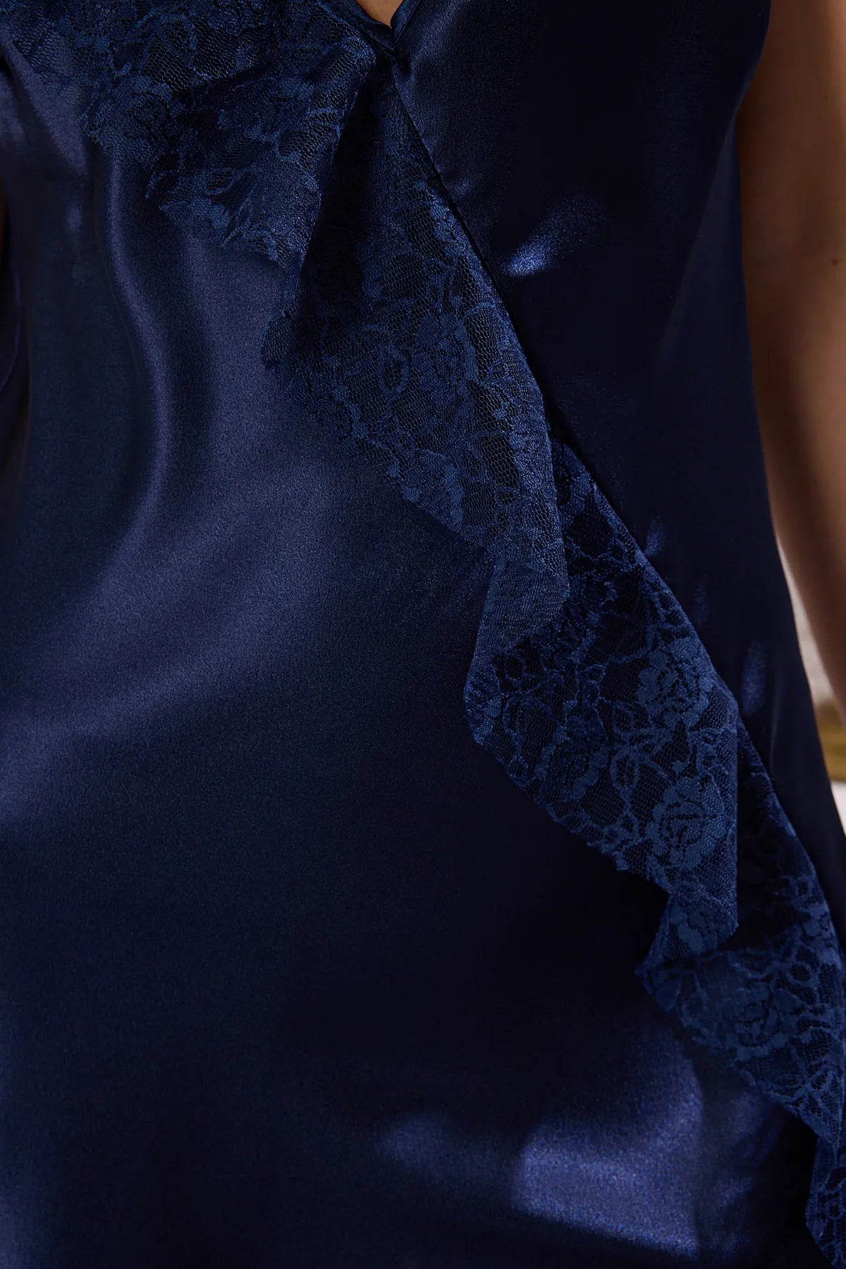 Navy Blue Lace Detailed Rope Strap Satin Woven Nightgown