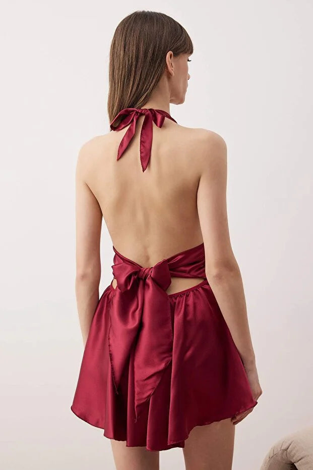 Satin-Woven Nightgown with Burgundy Lace Detail