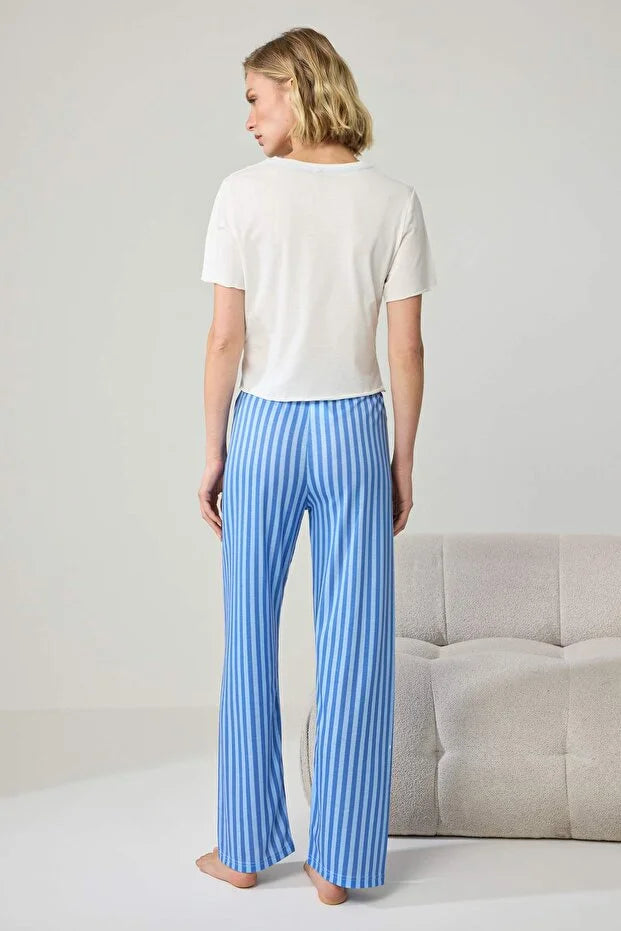 White & Blue Printed Striped Knitted Pajama Set