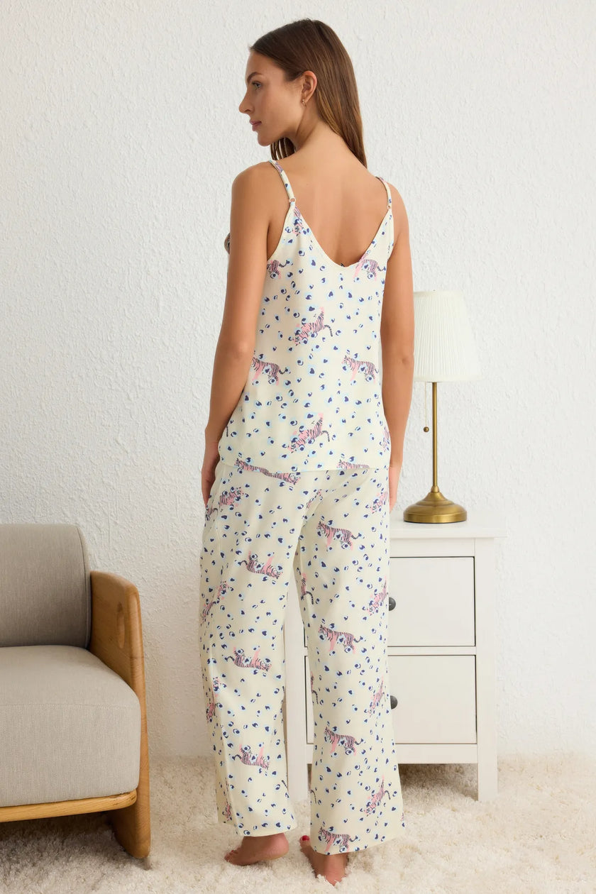 Animal Patterned Rope Suspender Viscose Woven Pajama Set