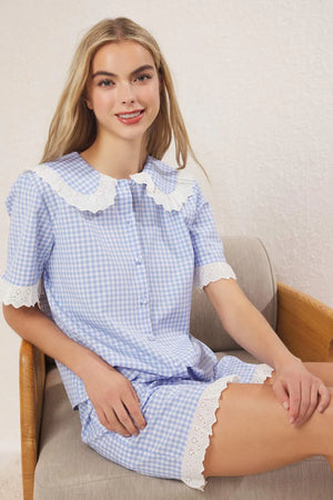 Blue Gingham Lace Detailed Poplin Shorts Woven Pajama Set