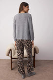 Gray-Multicolored Leopard Print Piping Soft Top and 100% Cotton Knitted Pajama Set