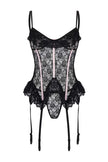 Black Garter Belted Lace Babydoll/Fantasy Nightgown with Ruffled Panties and Open Backs