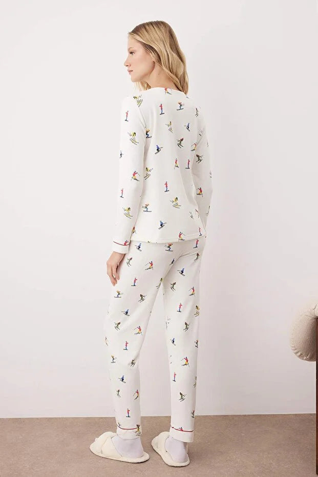 Soft Winter Waffle Knit Pajama Set with Ski Pattern and Piping