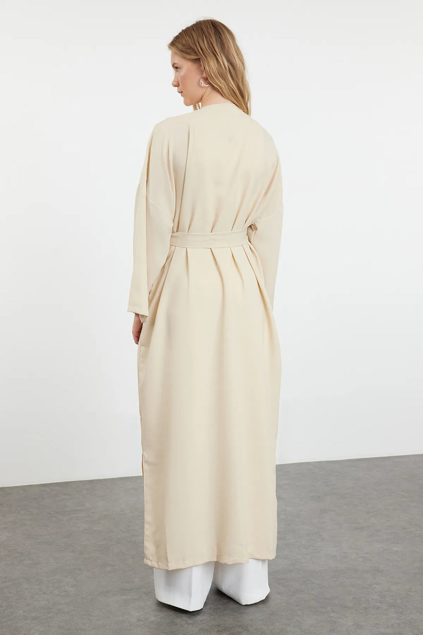 Beige Linen Look Embroidered Detailed Woven Cape Abaya