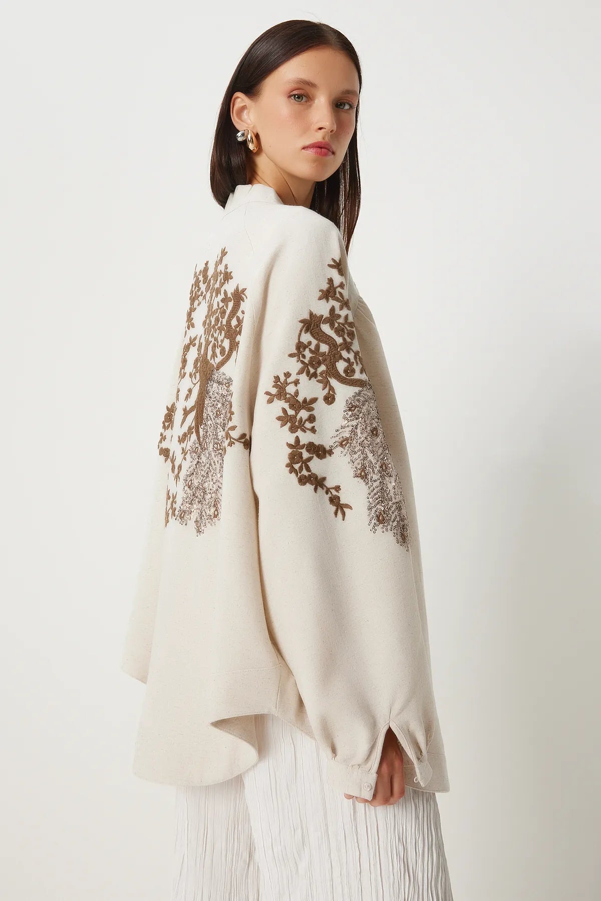 Embroidered Linen Kimono Cream Brown