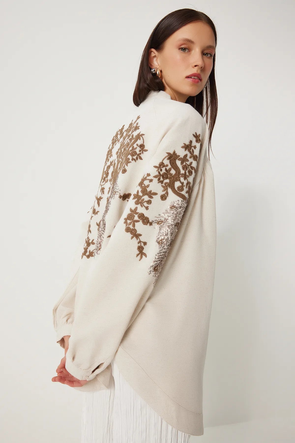 Embroidered Linen Kimono Cream Brown