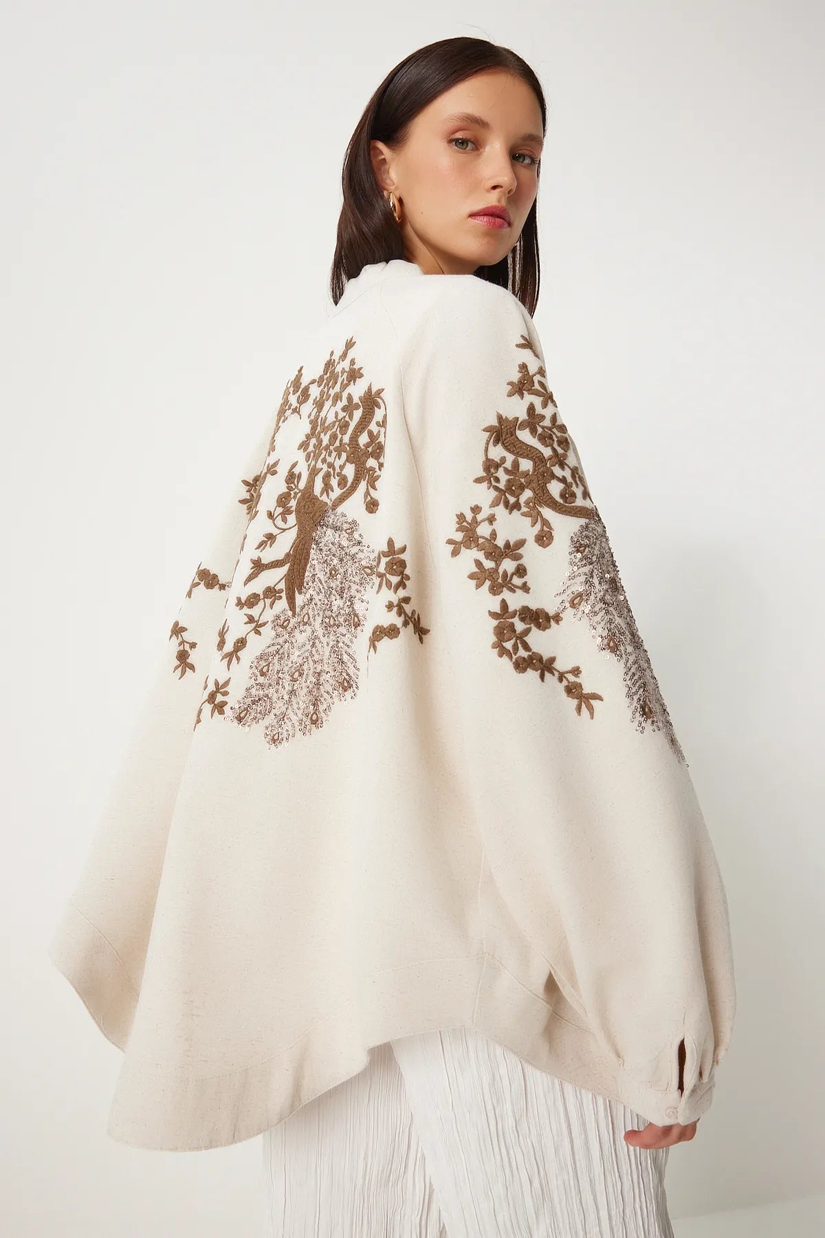 Embroidered Linen Kimono Cream Brown