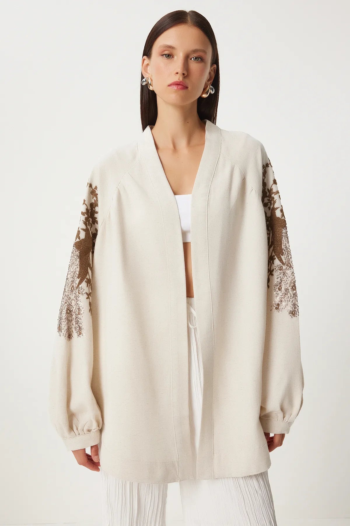 Embroidered Linen Kimono Cream Brown