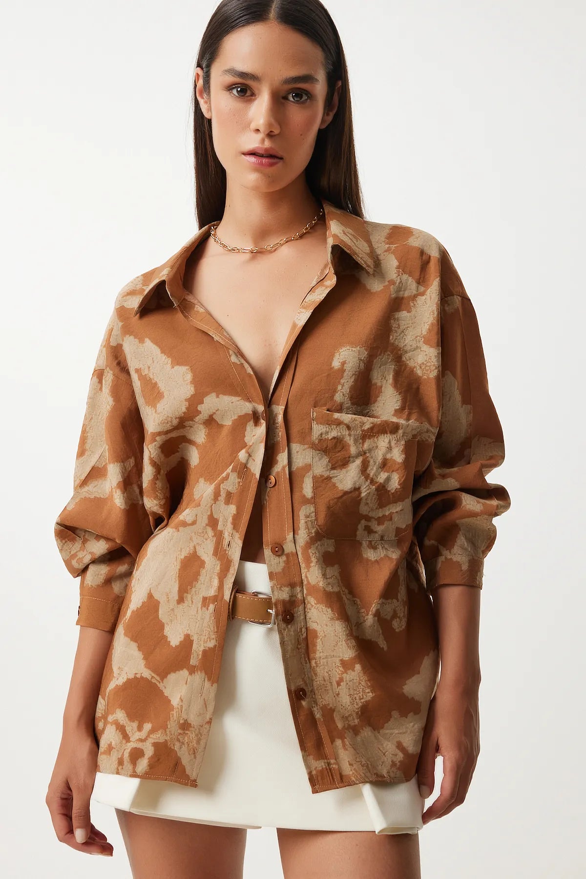 Patterned Oversize Viscose Shirt Brown