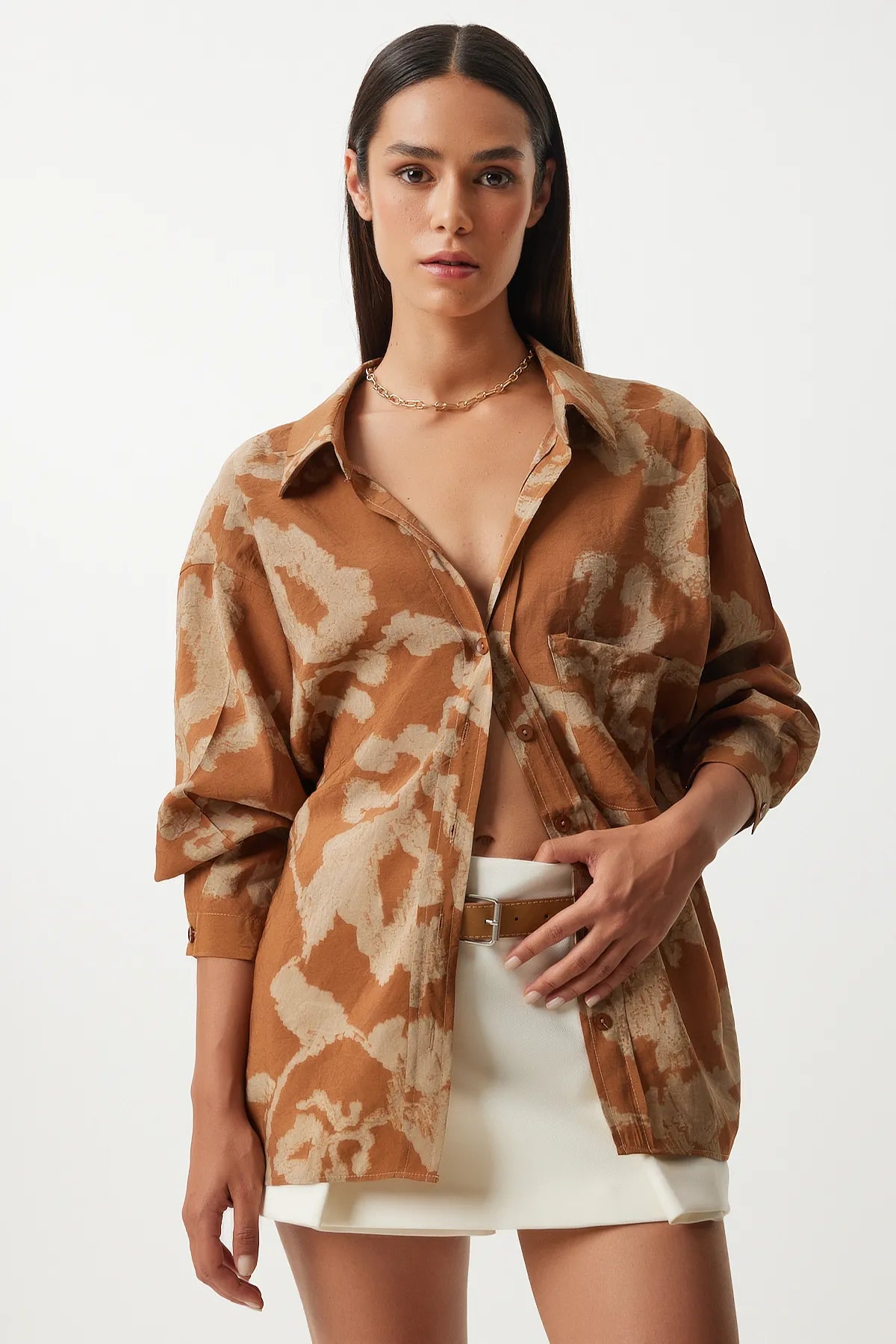 Patterned Oversize Viscose Shirt Brown