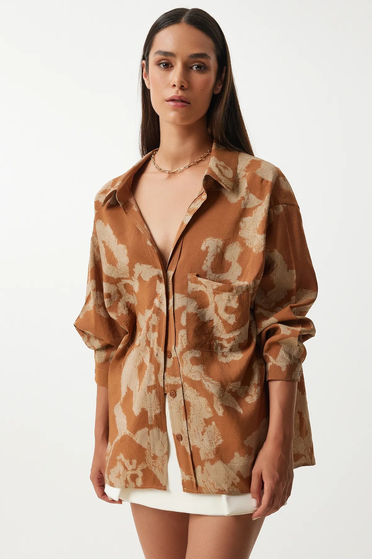 Patterned Oversize Viscose Shirt Brown