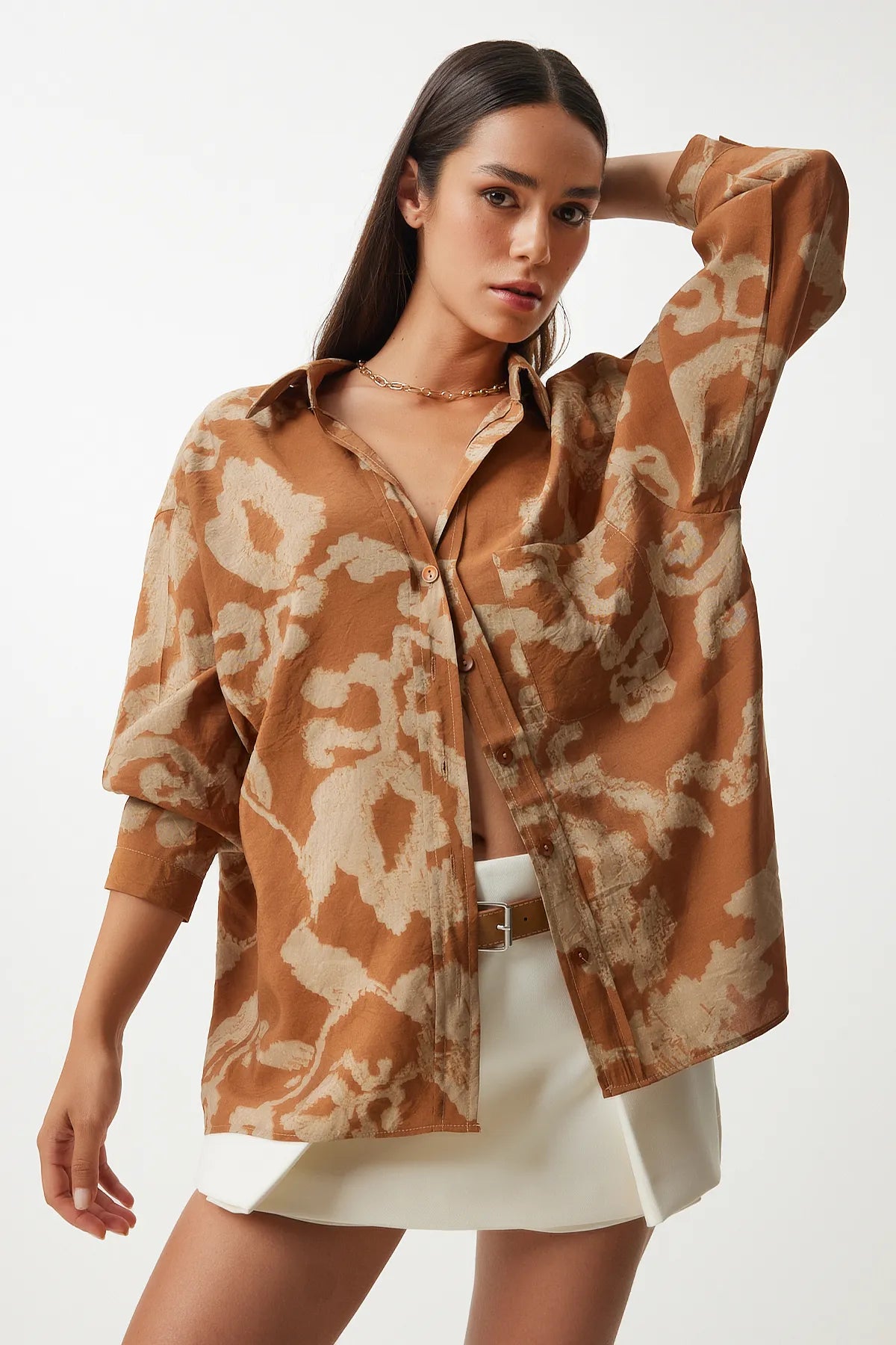 Patterned Oversize Viscose Shirt Brown