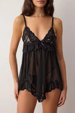 Black Tulle Lace Detail Plain Uncapped Babydoll