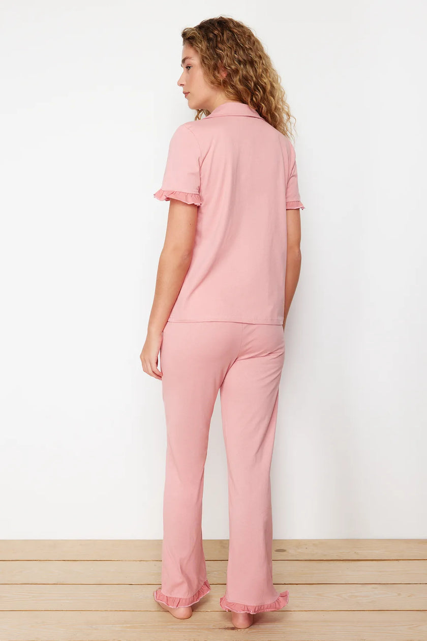 Dusty Rose  Ruffle Detailed Knitted Pajama Set