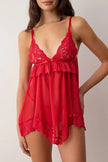 Red Tulle Lace Detail Plain Uncapped Babydoll