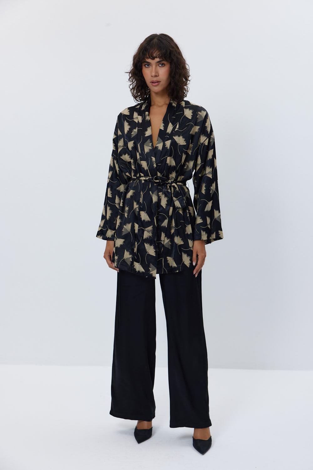 Satin Kimono Pants Black Women's Suit