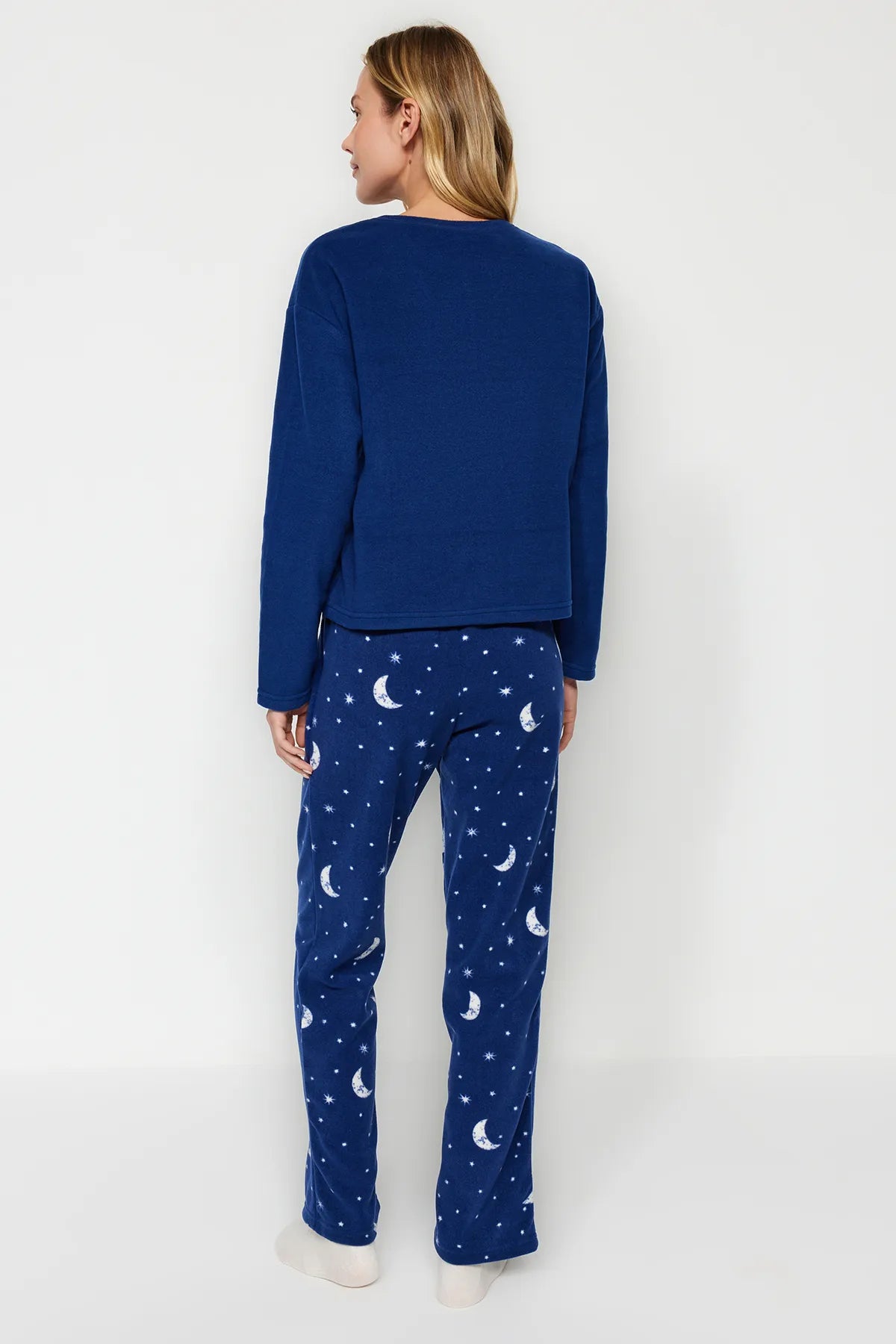 Navy Blue Galaxy Patterned Polar Fleece Winter Knitted Pajama Set