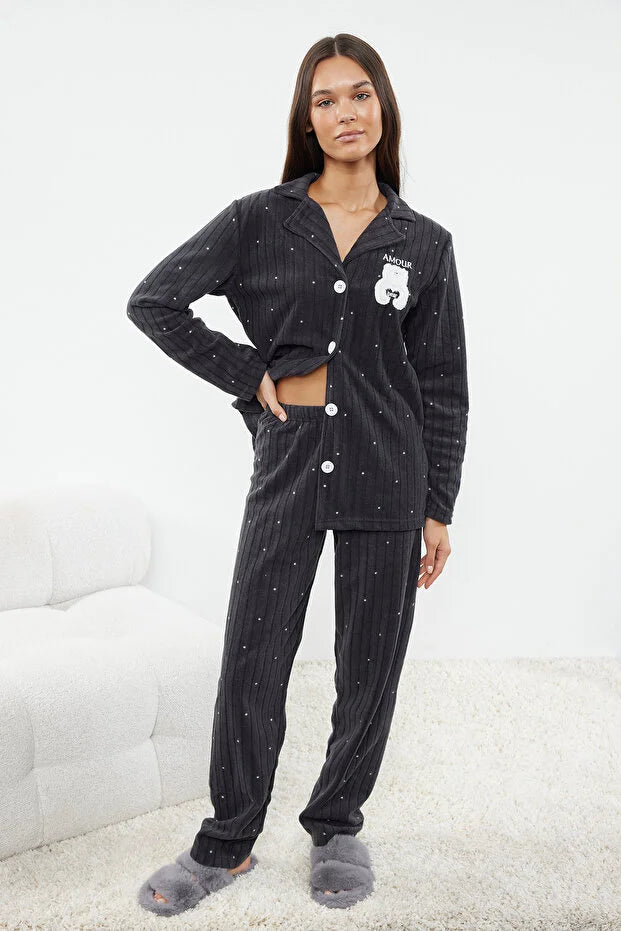 Anthracite Polka Dot Animal Print Fleece Winter Knit Pajama Set