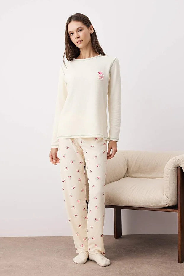Pink Ribbon/Bow Soft Winter Waffle Knit Pajama Set