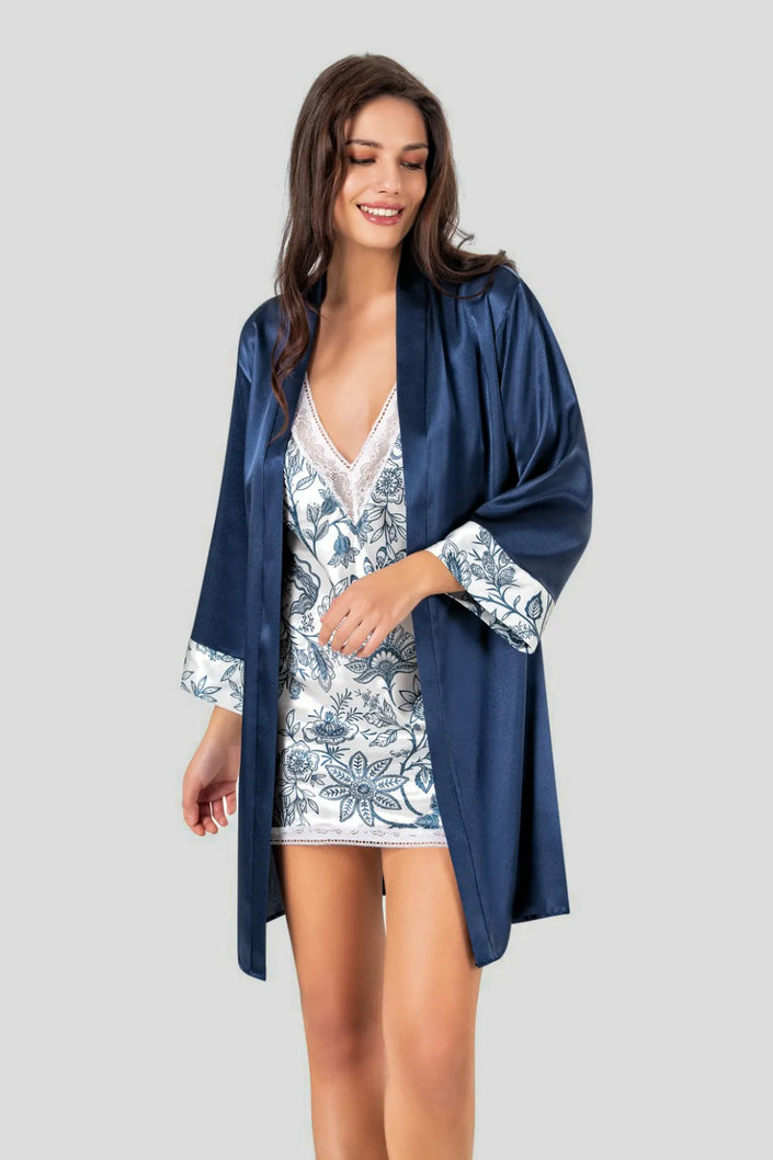 Navy Blue 2-Pack Floral Satin Woven Dressing Gown + Nightgown