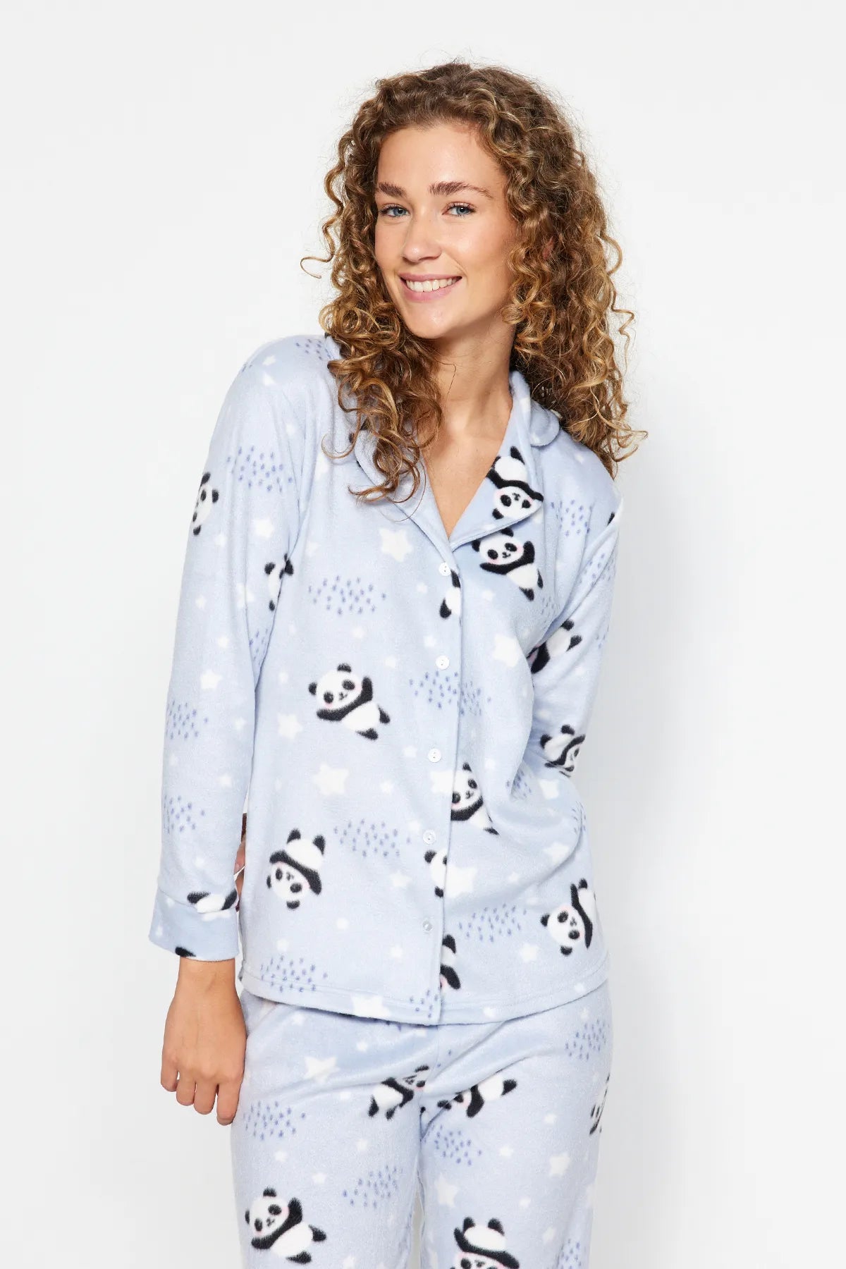 Blue Panda Patterned Sleep Band Polar Winter Knitted Pajama Set