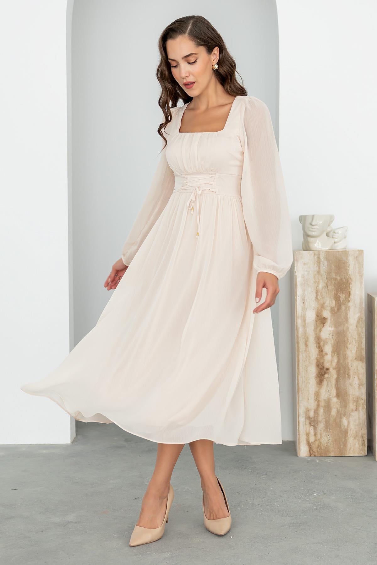 Square Neck Midi Tulle Dress - CREAM