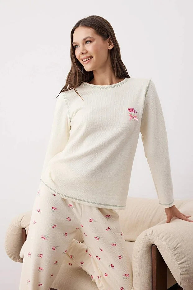 Pink Ribbon/Bow Soft Winter Waffle Knit Pajama Set