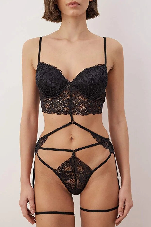 Black Lace Leg Band Unlined Lingerie Set
