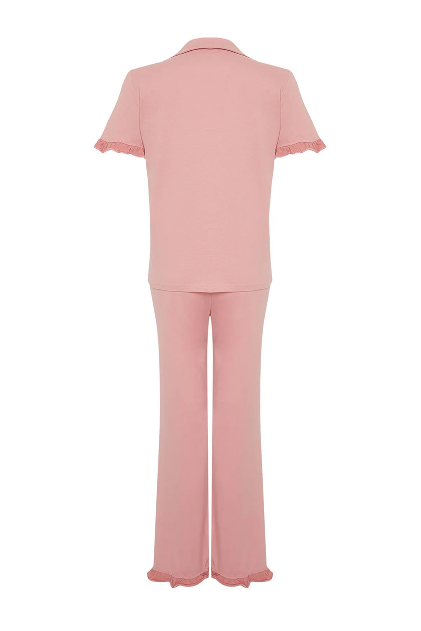 Dusty Rose  Ruffle Detailed Knitted Pajama Set