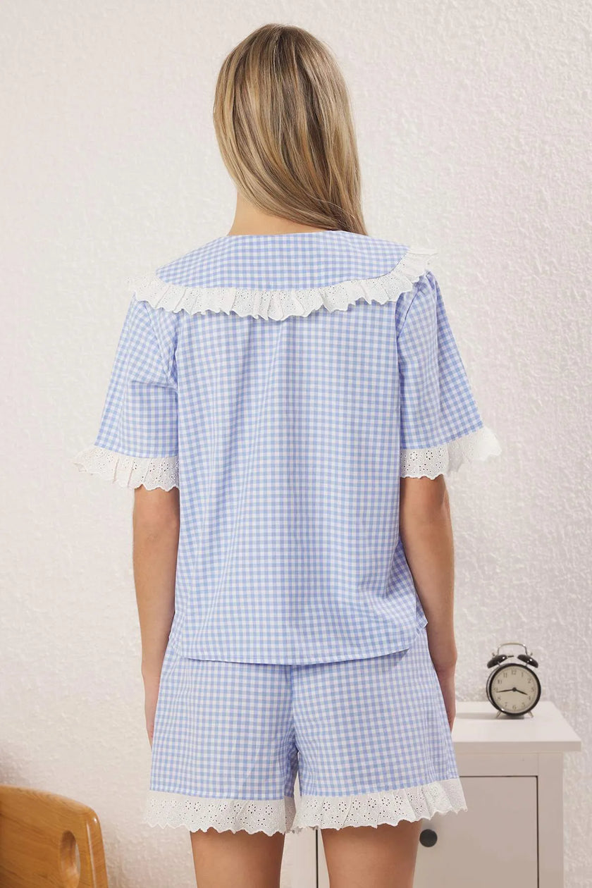 Blue Gingham Lace Detailed Poplin Shorts Woven Pajama Set