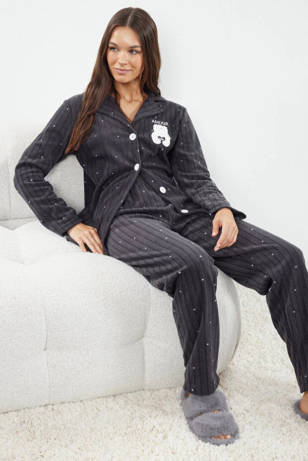 Anthracite Polka Dot Animal Print Fleece Winter Knit Pajama Set