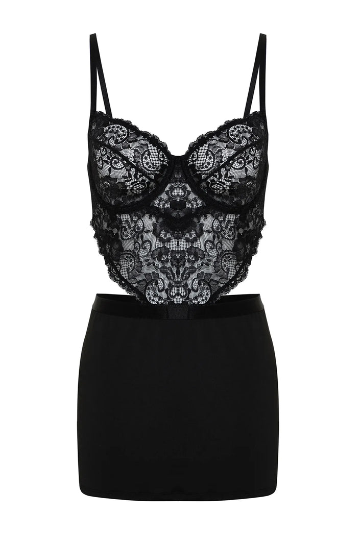 Black Lace Rope Strap Knitted Fantasy Nightgown