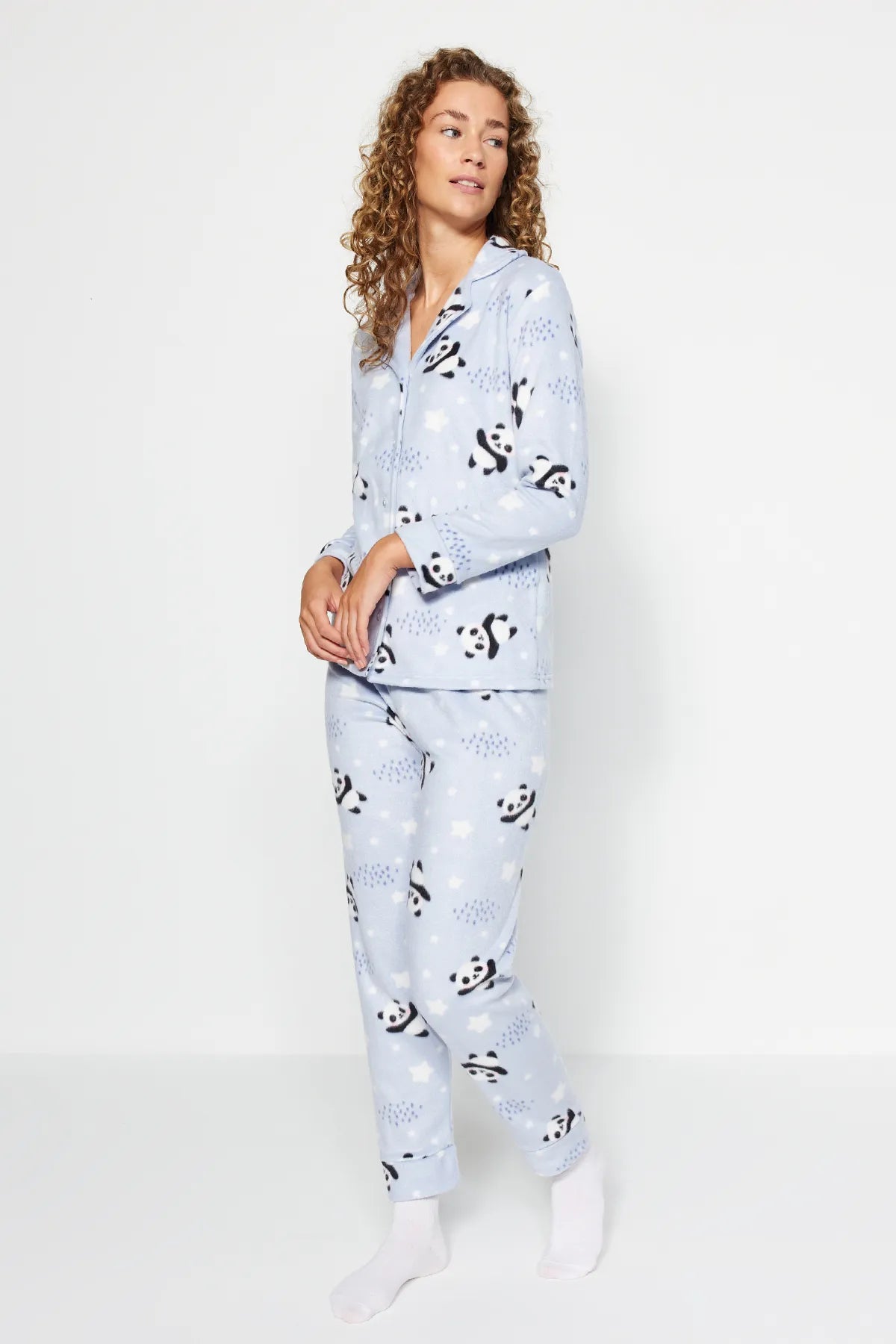 Blue Panda Patterned Sleep Band Polar Winter Knitted Pajama Set