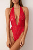 Red Lace Fitted Plain Bodysuit