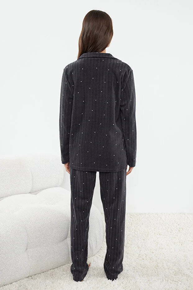 Anthracite Polka Dot Animal Print Fleece Winter Knit Pajama Set